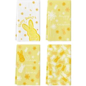 Artoid Mode Beige Rabbit Flowers Bless Our Home Happy Easter Spring Kitchen Towels Dish Towels, 18×26 Inch Farmhouse Summer Decoration Cleaning Set of 4(Yellow)
