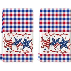 Artoid Mode Blue Red Buffalo Plaid Stars Patriotic 4th of July Kitchen Towels Dish Towels, 18×26 Inch Memorial Day Decoration Hand Towels Set of 2(Red/Blue)