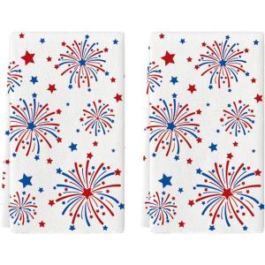 Artoid Mode Fireworks Stars Patriotic 4th of July Kitchen Towels Dish Towels, 18×26 Inch Farmhouse Memorial Day Decoration Hand Towels Set of 2(Beige)