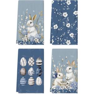 Artoid Mode Pink Rabbit Bunny Eggs Happy Easter Flowers Kitchen Towels Dish Towels, 18×26 Inch Seasonal Spring Decoration Cleaning Set of 4(Blue)