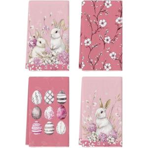 Artoid Mode Pink Rabbit Bunny Eggs Happy Easter Flowers Kitchen Towels Dish Towels, 18×26 Inch Seasonal Spring Decoration Cleaning Set of 4(Pink)