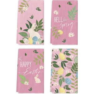 Artoid Mode Pink Rabbit Flower Leaves Bunny Eggs Happy Easter Spring Kitchen Towels Dish Towels, 18×26 Inch Farmhouse Summer Decoration Cleaning Set of 4(Pink)