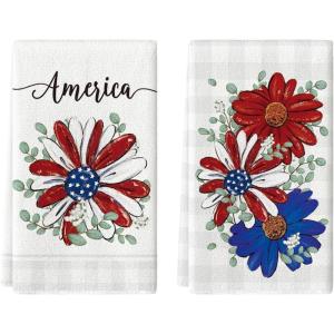 Artoid Mode Red Daisy America Patriotic 4th of July Kitchen Towels Dish Towels, 18×26 Inch Eucalyptus Memorial Day Decoration Hand Towels Set of 2
