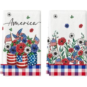 Artoid Mode Vase Flowers American Patriotic 4th of July Kitchen Towels Dish Towels, 18×26 Inch Flag Memorial Day Decoration Hand Towels Set of 2
