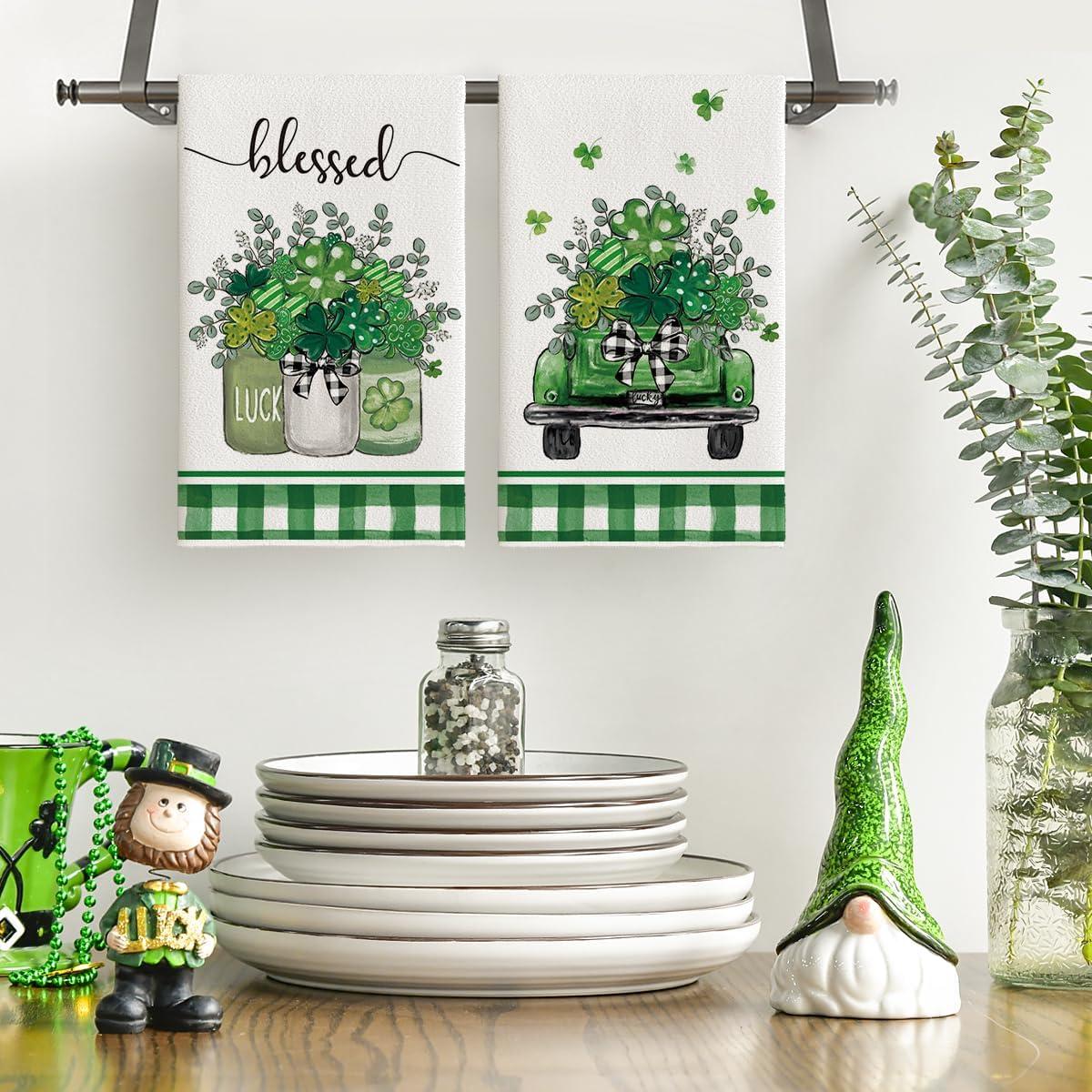 image:imageArtoid Mode Plaid Vase Car Lucky Shamrock St Patricks Day Kitchen Towels Dish Towels 18x26 Inch Farmhouse Spring Decoration Hand Towels Set of 2