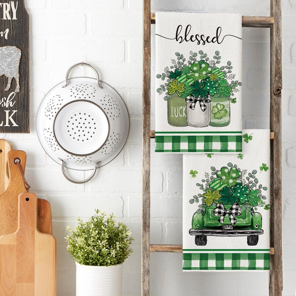 image:imageArtoid Mode Plaid Vase Car Lucky Shamrock St Patricks Day Kitchen Towels Dish Towels 18x26 Inch Farmhouse Spring Decoration Hand Towels Set of 2