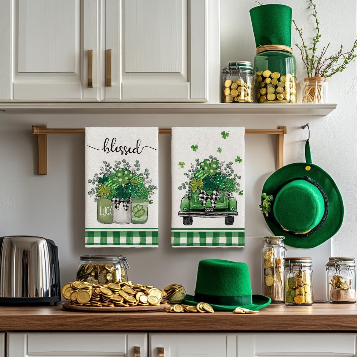 image:imageArtoid Mode Plaid Vase Car Lucky Shamrock St Patricks Day Kitchen Towels Dish Towels 18x26 Inch Farmhouse Spring Decoration Hand Towels Set of 2