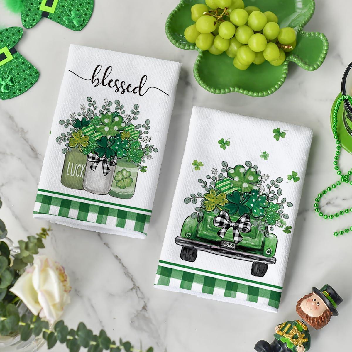 image:imageArtoid Mode Plaid Vase Car Lucky Shamrock St Patricks Day Kitchen Towels Dish Towels 18x26 Inch Farmhouse Spring Decoration Hand Towels Set of 2