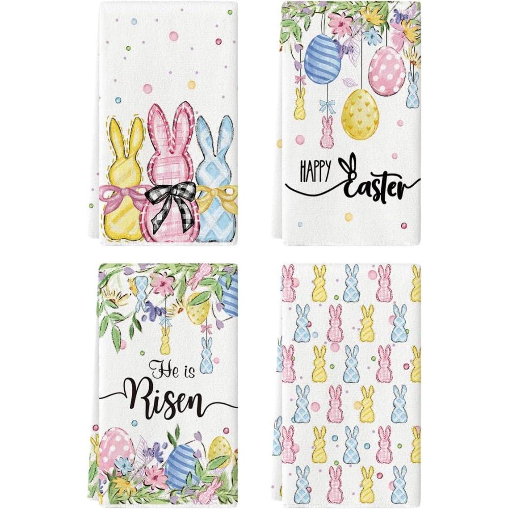 image:imageArtoid Mode Bow Rabbit Flower Leaves Bunny Eggs Happy Easter Spring Kitchen Towels Dish Towels 18x26 Inch Farmhouse Summer Decoration Cleaning Set of 4