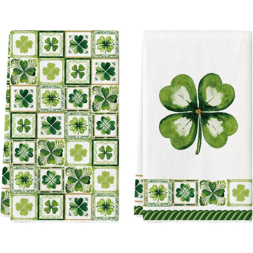 image:imageArtoid Mode Checkered Lace Clover Shamrock StPatricks Day Kitchen Dish Towels 18x26 Inch Farmhouse Holiday Decoration Cleaning Set of 2