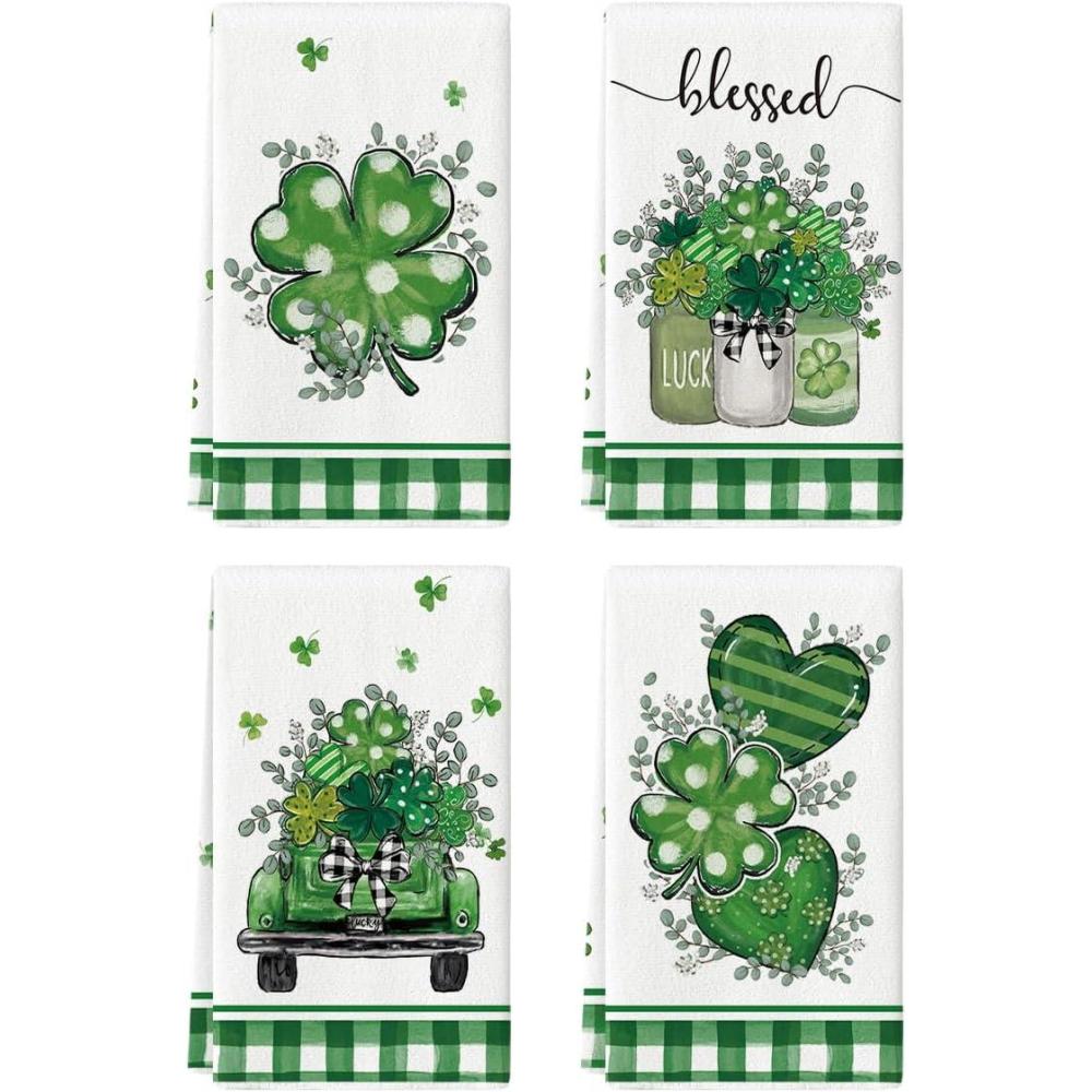 image:imageArtoid Mode Heart Shamrock Bow Vase Car Lucky St Patricks Day Kitchen Towels Dish Towels 18x26 Inch Farmhouse Spring Decoration Cleaning Set of 4