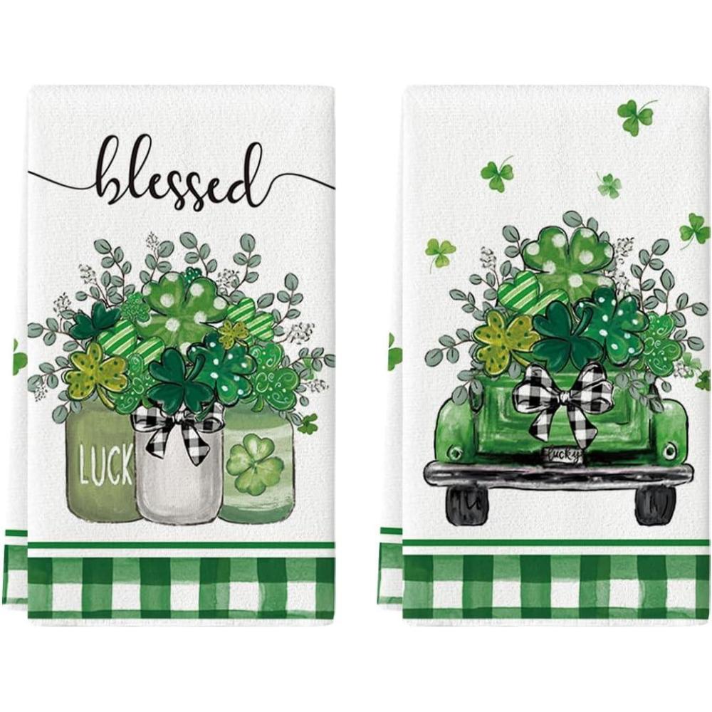 image:imageArtoid Mode Plaid Vase Car Lucky Shamrock St Patricks Day Kitchen Towels Dish Towels 18x26 Inch Farmhouse Spring Decoration Hand Towels Set of 2