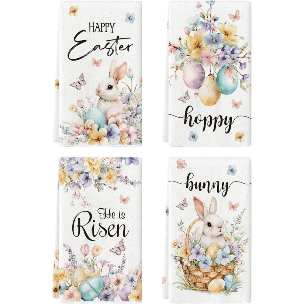 image:imageArtoid Mode Rabbit Bunny Eggs Flowers Basket Butterfly Easter Spring Kitchen Towels Dish Towels 18x26 Inch Farmhouse Summer Decoration Cleaning Set of 4