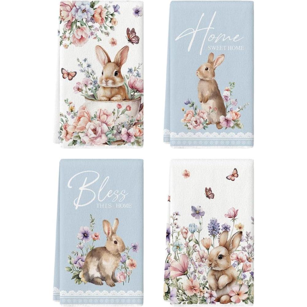image:imageArtoid Mode Rabbit Butterfly Flowers Bless Sweet Home Easter Spring Kitchen Towels Dish Towels 18x26 Inch Farmhouse Summer Decoration Cleaning Set of 4