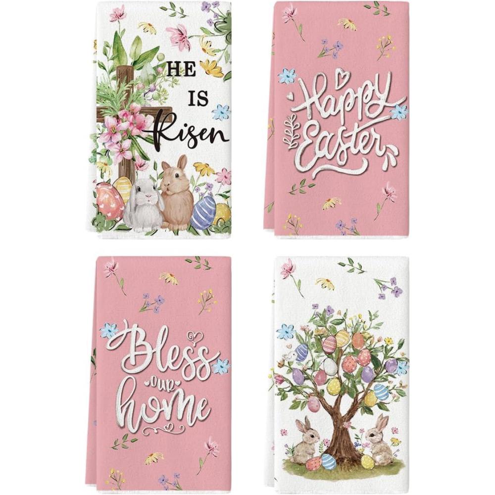 image:imageArtoid Mode Rabbit Tree Bunny Eggs Bless Our Home Flower Easter Spring Kitchen Towels Dish Towels 18x26 Inch Farmhouse Summer Decoration Cleaning Set of 4