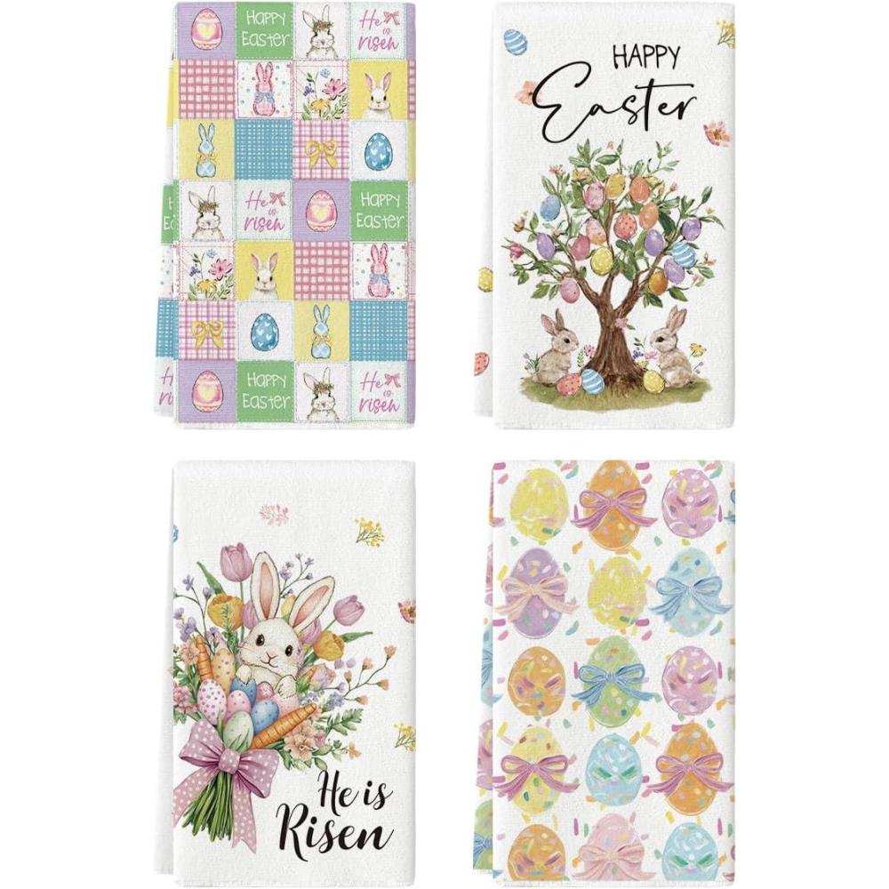 image:imageArtoid Mode Rabbit Tree Bunny Eggs Flowers Carrot Happy Easter Spring Kitchen Towels Dish Towels 18x26 Inch Farmhouse Summer Decoration Cleaning Set of 4