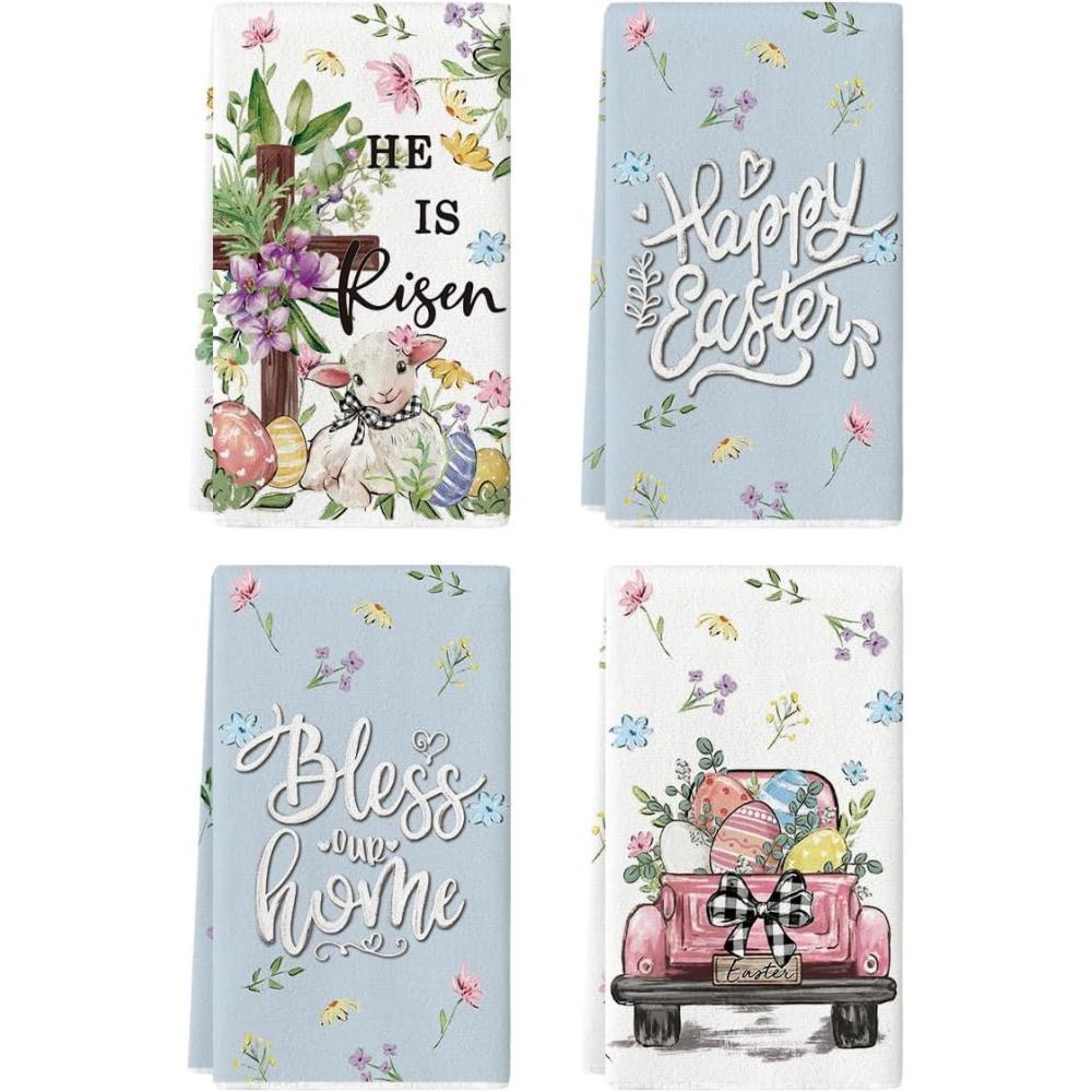 image:imageArtoid Mode Sheep Tree Truck Bunny Eggs Flowers Happy Easter Spring Kitchen Towels Dish Towels 18x26 Inch Farmhouse Summer Decoration Cleaning Set of 4