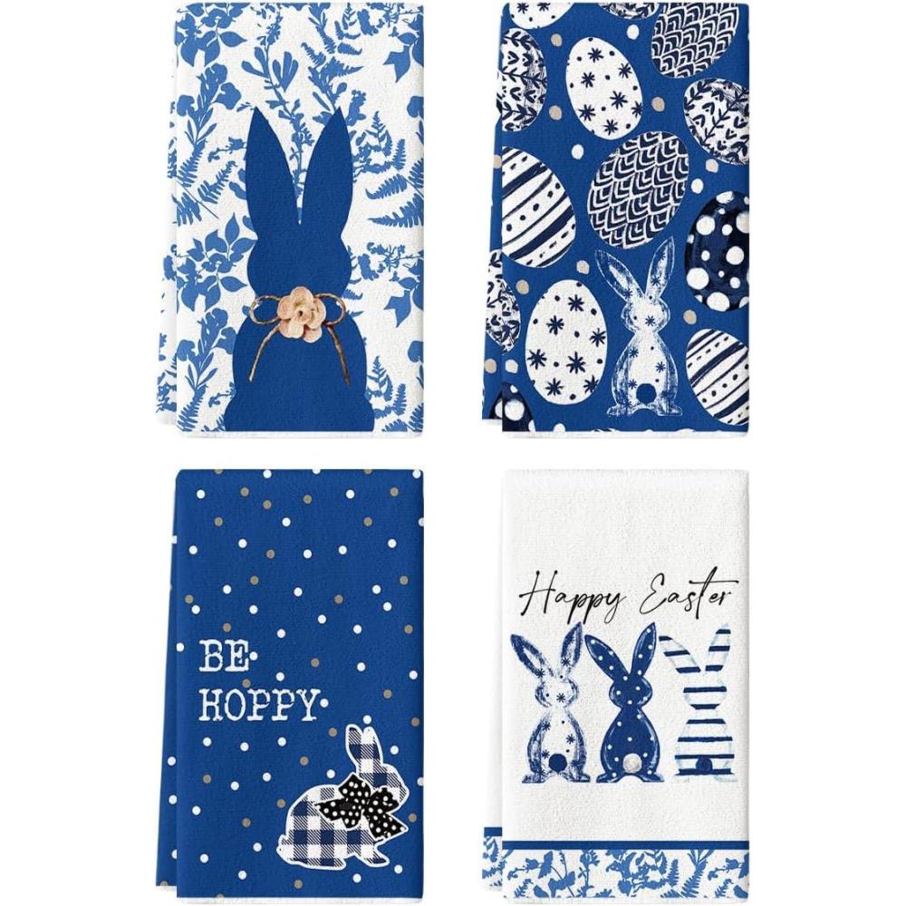 image:imageArtoid Mode Yellow Stripe Polka dots Rabbit Bunny Easter Kitchen Towels Dish Towels 18x26 Inch Seasonal Spring Decoration Cleaning Set of 4Blue