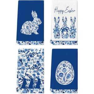 Artoid Mode Blue Rabbits Bunny Bow Easter Kitchen Towels Dish Towels, 18×26 Inch Celadon Spring Farmhouse Holiday Decoration Hand Towels Set of 4