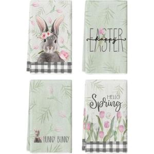 Artoid Mode Buffalo Plaid Rabbit Bunny Flower Easter Kitchen Towels Dish Towels, 18×26 Inch Spring Farmhouse Holiday Decoration Hand Towels Set of 4