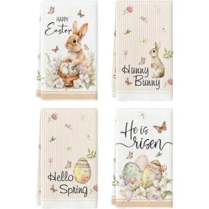 Artoid Mode Butterfly Rabbit Bunny Eggs Flower Basket Easter Spring Kitchen Towels Dish Towels, 18×26 Inch Farmhouse Summer Decoration Cleaning Set of 4
