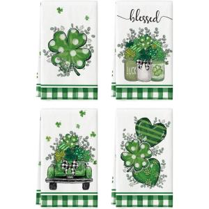 Artoid Mode Heart Shamrock Bow Vase Car Lucky St. Patrick’s Day Kitchen Towels Dish Towels, 18×26 Inch Farmhouse Spring Decoration Cleaning Set of 4