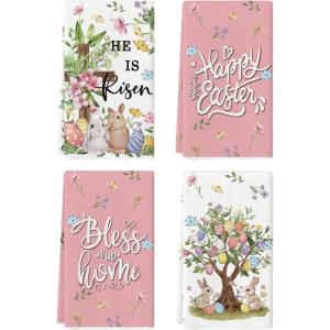 Artoid Mode Rabbit Tree Bunny Eggs Bless Our Home Flower Easter Spring Kitchen Towels Dish Towels, 18×26 Inch Farmhouse Summer Decoration Cleaning Set of 4