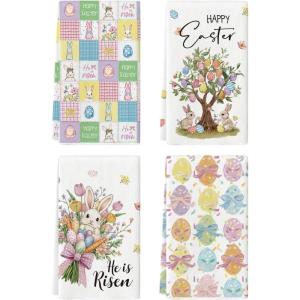 Artoid Mode Rabbit Tree Bunny Eggs Flowers Carrot Happy Easter Spring Kitchen Towels Dish Towels, 18×26 Inch Farmhouse Summer Decoration Cleaning Set of 4