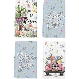 Artoid Mode Sheep Tree Truck Bunny Eggs Flowers Happy Easter Spring Kitchen Towels Dish Towels, 18×26 Inch Farmhouse Summer Decoration Cleaning Set of 4