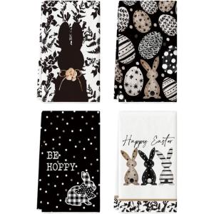 Artoid Mode Yellow Stripe Polka dots Rabbit Bunny Easter Kitchen Towels Dish Towels, 18×26 Inch Seasonal Spring Decoration Cleaning Set of 4(Black)