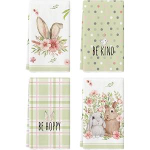 Artoid Mode Yellow Stripe Polka dots Rabbit Bunny Easter Kitchen Towels Dish Towels, 18×26 Inch Seasonal Spring Decoration Cleaning Set of 4(Green)