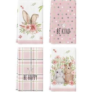 Artoid Mode Yellow Stripe Polka dots Rabbit Bunny Easter Kitchen Towels Dish Towels, 18×26 Inch Seasonal Spring Decoration Cleaning Set of 4(Pink)