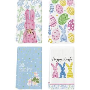 Artoid Mode Yellow Stripe Polka dots Rabbit Bunny Easter Kitchen Towels Dish Towels, 18×26 Inch Seasonal Spring Decoration Cleaning Set of 4(Pink/Beige)