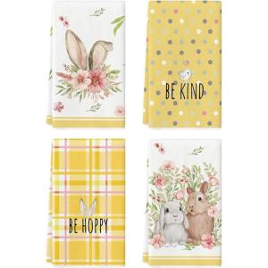 Artoid Mode Yellow Stripe Polka dots Rabbit Bunny Easter Kitchen Towels Dish Towels, 18×26 Inch Seasonal Spring Decoration Cleaning Set of 4(Yellow)