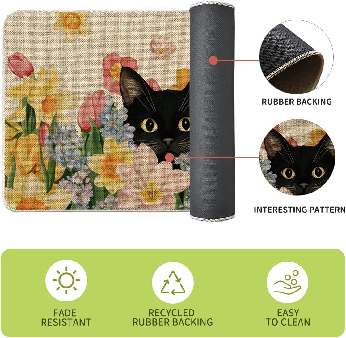 image:imageArtoid Mode Black Cat Floral Flowers Spring Kitchen Mats Set of 2 Home Decor LowProfile Kitchen Rugs for Floor 17x29 and 17x47 Inch