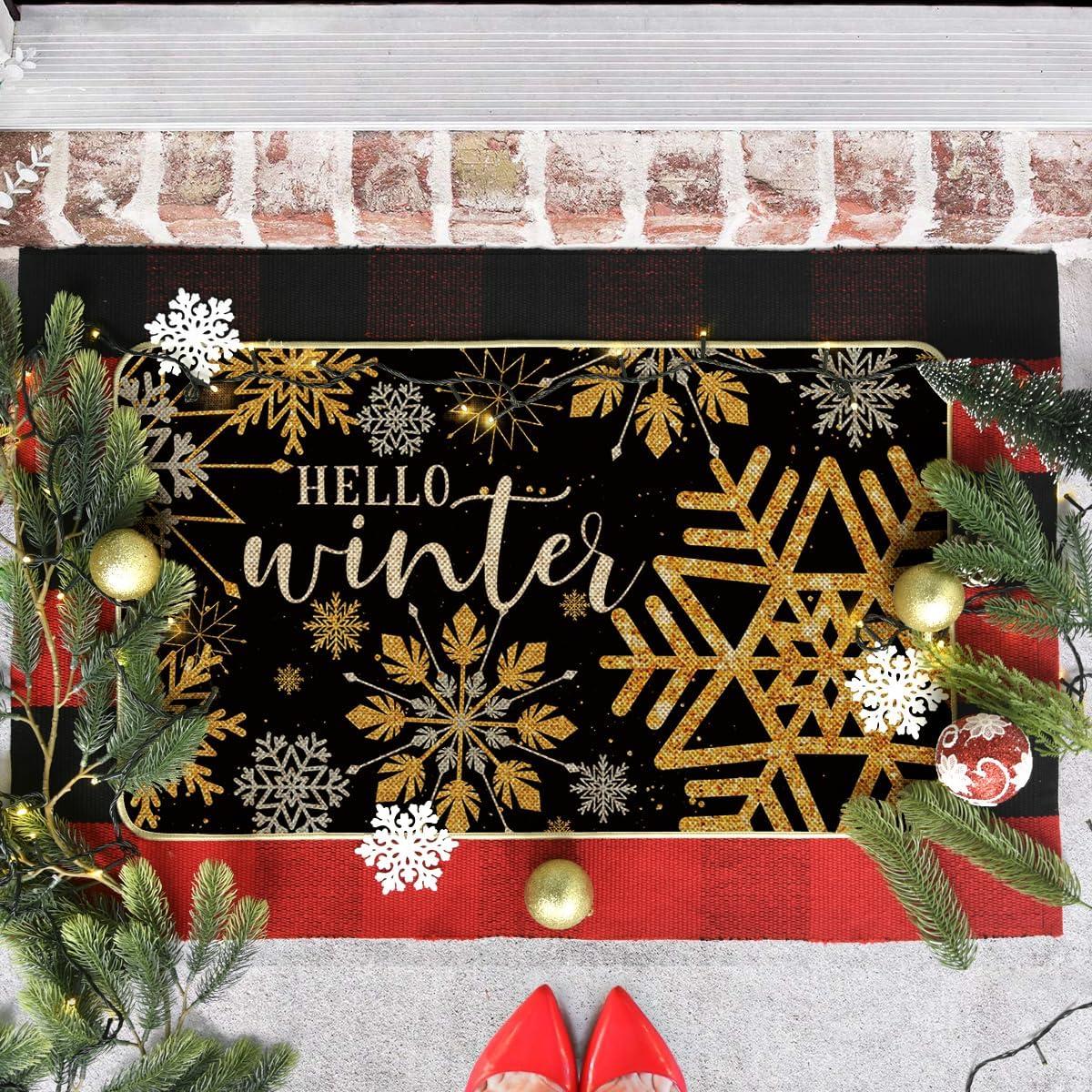 image:imageArtoid Mode Black Hello Winter Snowflake Christmas Doormat Seasonal Xmas Home Decor LowProfile Switch Rug Door Mat Floor Mat for Indoor Outdoor 17x29 Inch