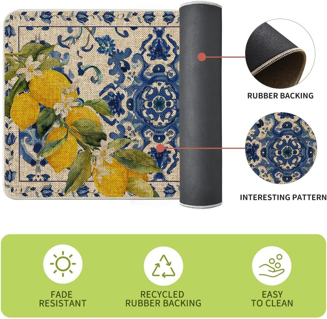 image:imageArtoid Mode Blue Floral Lemons Spring Kitchen Mats Set of 2 Home Decor LowProfile Kitchen Rugs for Floor 17x29 and 17x47 Inch