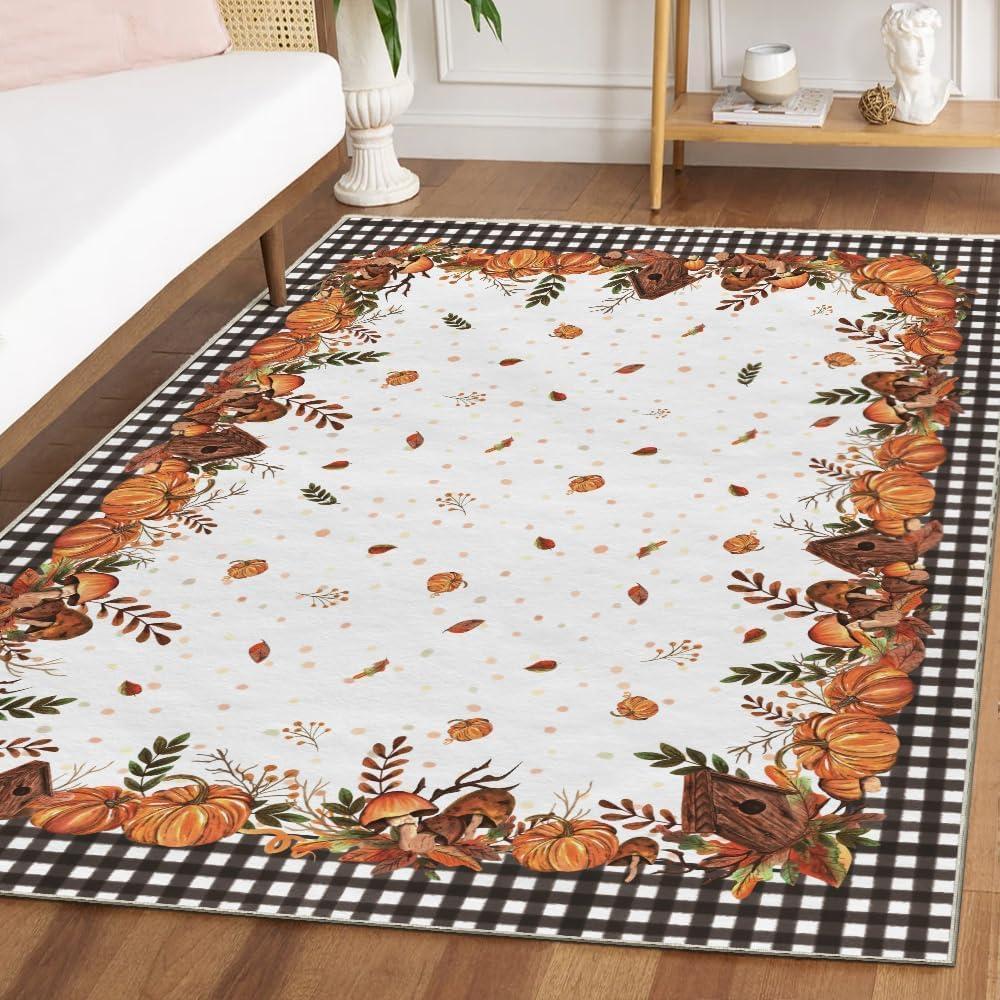 image:imageArtoid Mode Buffalo Plaid Pumpkins Mushrooms Fall Area Rug Autumn Thanksgiving Home Decor LowProfile NonSlip Washable Runner Rug for Entryway Bedroom Living Room Laundry Room Indoor 2x6 FeetBlackWhite