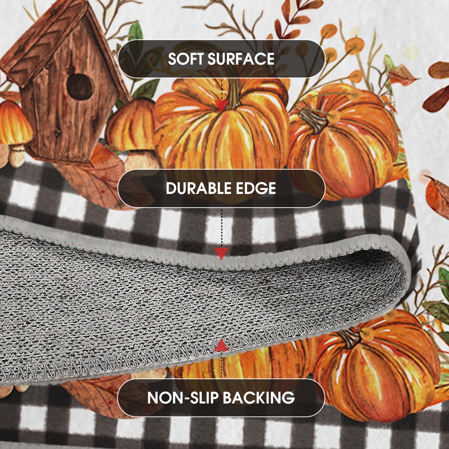 image:imageArtoid Mode Buffalo Plaid Pumpkins Mushrooms Fall Area Rug Autumn Thanksgiving Home Decor LowProfile NonSlip Washable Runner Rug for Entryway Bedroom Living Room Laundry Room Indoor 2x6 FeetBlackWhite