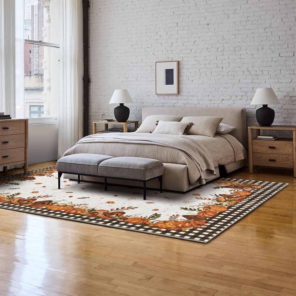 image:imageArtoid Mode Buffalo Plaid Pumpkins Mushrooms Fall Area Rug Autumn Thanksgiving Home Decor LowProfile NonSlip Washable Runner Rug for Entryway Bedroom Living Room Laundry Room Indoor 2x6 FeetBlackWhite