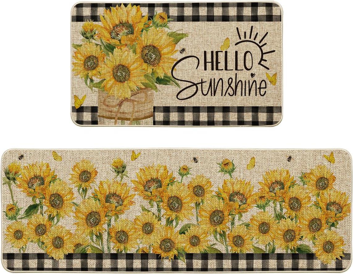 image:imageArtoid Mode Buffalo Plaid Sunflower Summer Kitchen Mats Set of 2 Hello Sunshine Spring Home Decor LowProfile Kitchen Rugs for Floor 17x29 and 17x47 Inch