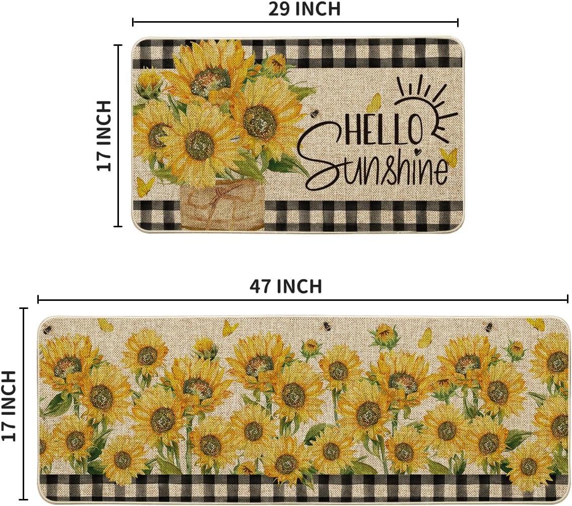 image:imageArtoid Mode Buffalo Plaid Sunflower Summer Kitchen Mats Set of 2 Hello Sunshine Spring Home Decor LowProfile Kitchen Rugs for Floor 17x29 and 17x47 Inch