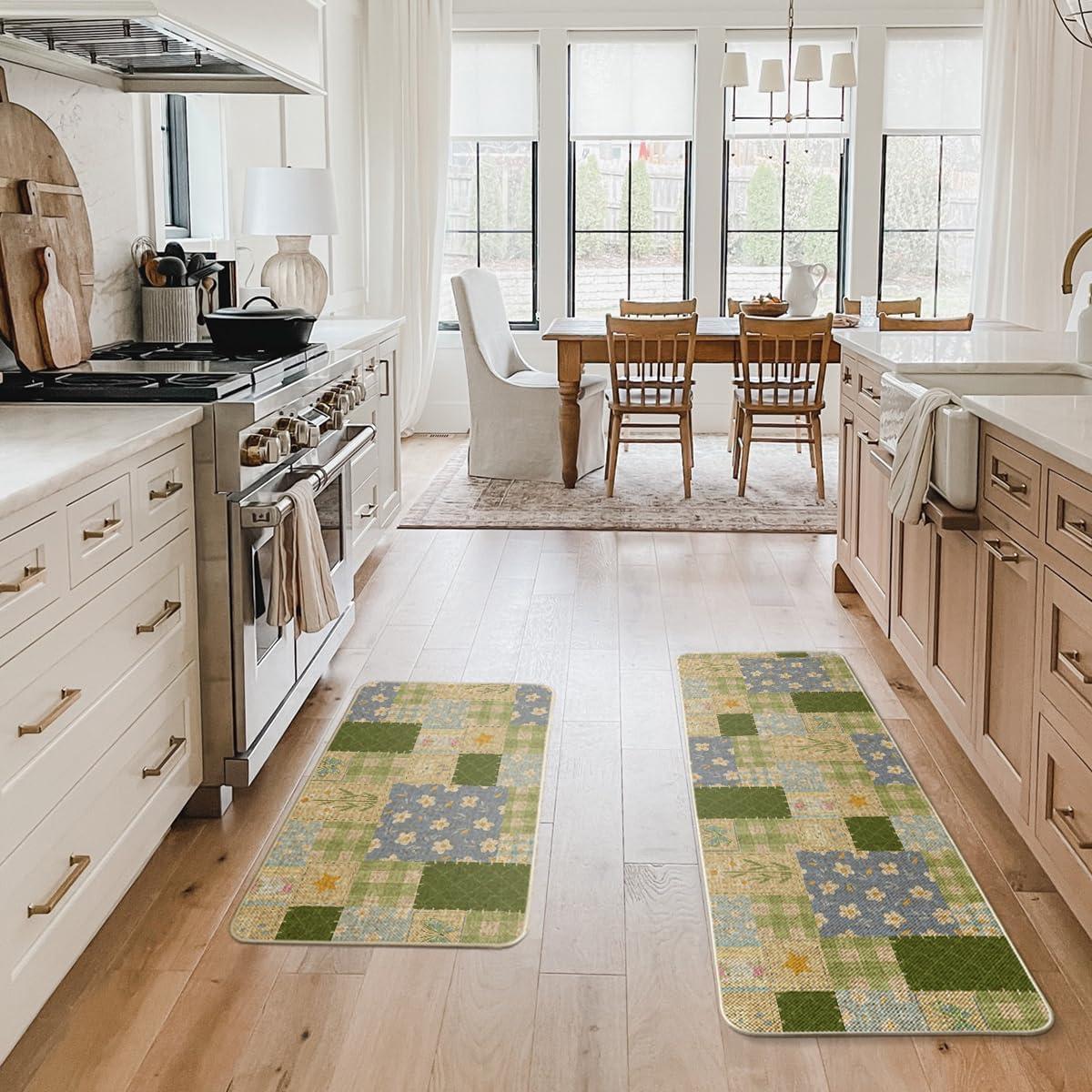 image:imageArtoid Mode Check Pattern Flowers Floral Spring Kitchen Mats Set of 2 Home Decor LowProfile Kitchen Rugs for Floor 17x29 and 17x47 Inch