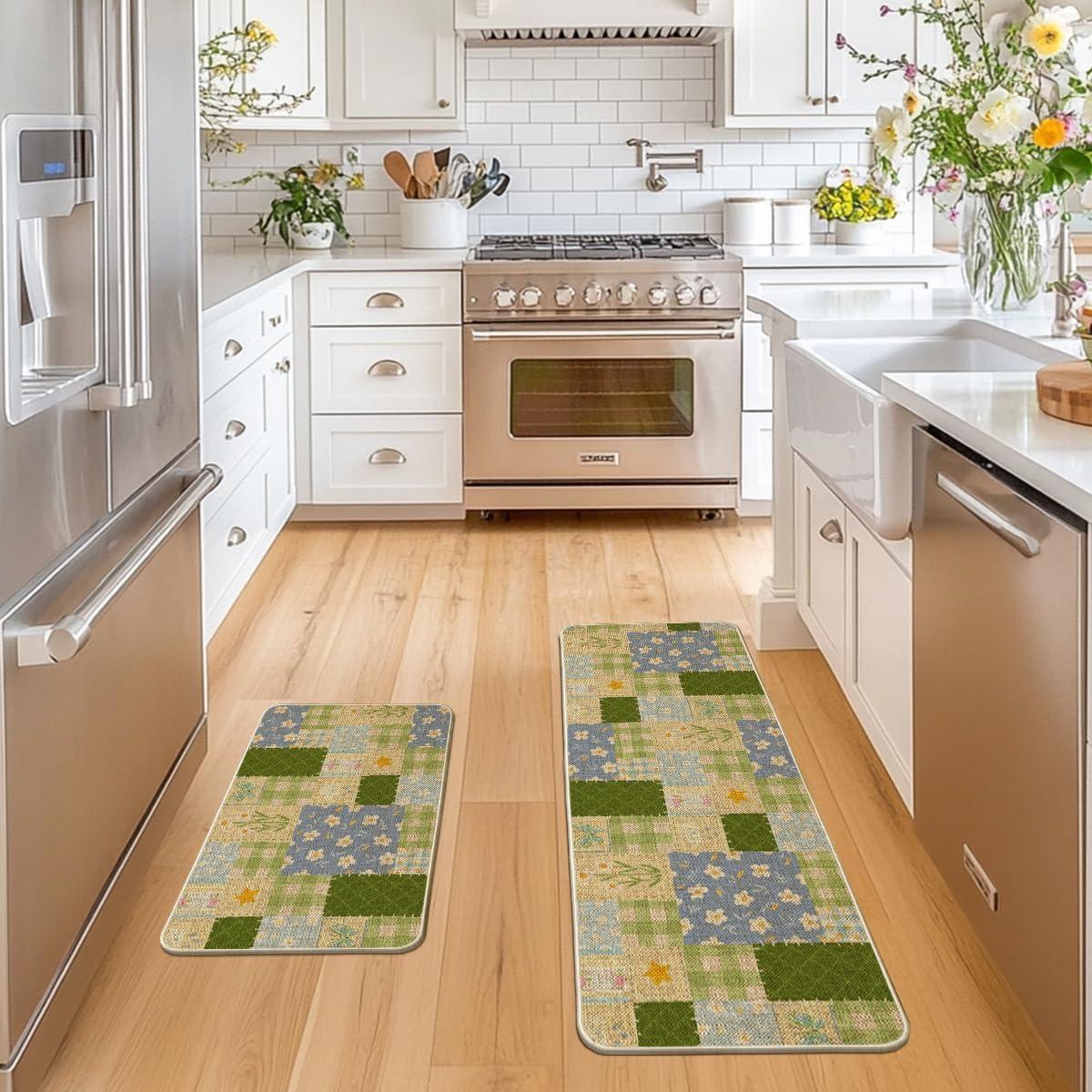 image:imageArtoid Mode Check Pattern Flowers Floral Spring Kitchen Mats Set of 2 Home Decor LowProfile Kitchen Rugs for Floor 17x29 and 17x47 Inch