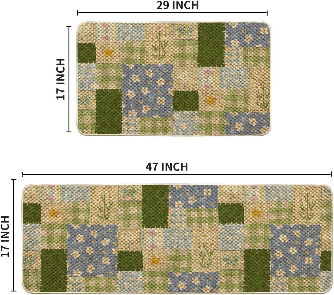 image:imageArtoid Mode Check Pattern Flowers Floral Spring Kitchen Mats Set of 2 Home Decor LowProfile Kitchen Rugs for Floor 17x29 and 17x47 Inch