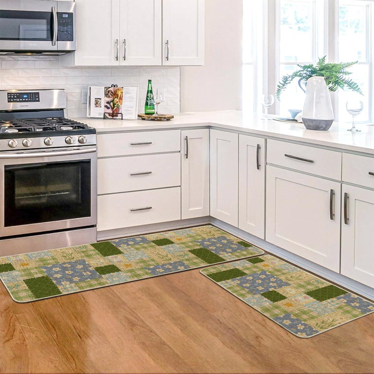 image:imageArtoid Mode Check Pattern Flowers Floral Spring Kitchen Mats Set of 2 Home Decor LowProfile Kitchen Rugs for Floor 17x29 and 17x47 Inch