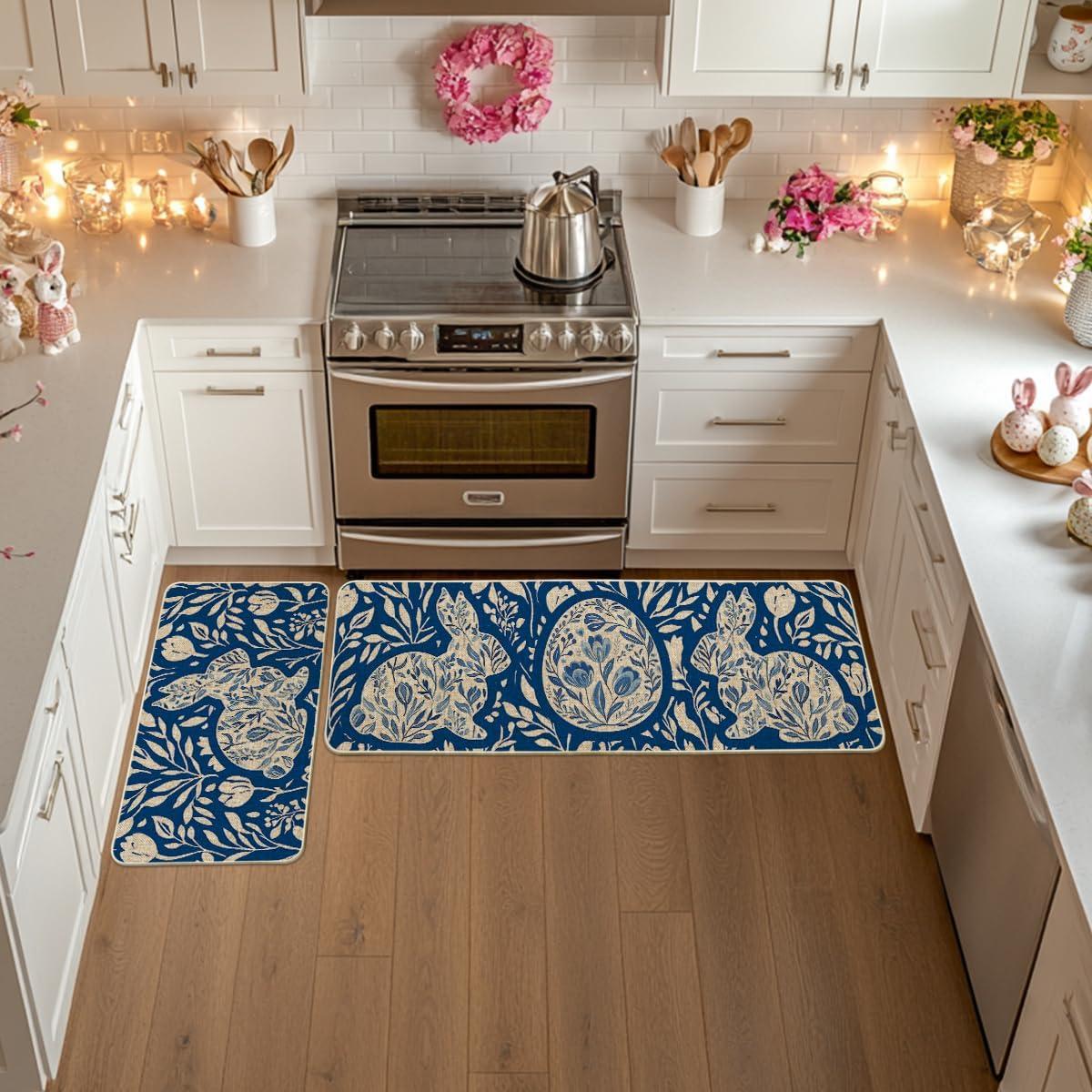 image:imageArtoid Mode Colorful Rabbit Bunny Egg Easter Kitchen Mats Set of 2 Spring Home Decor LowProfile Kitchen Rugs for Floor  17x29 and 17x47 InchBlue