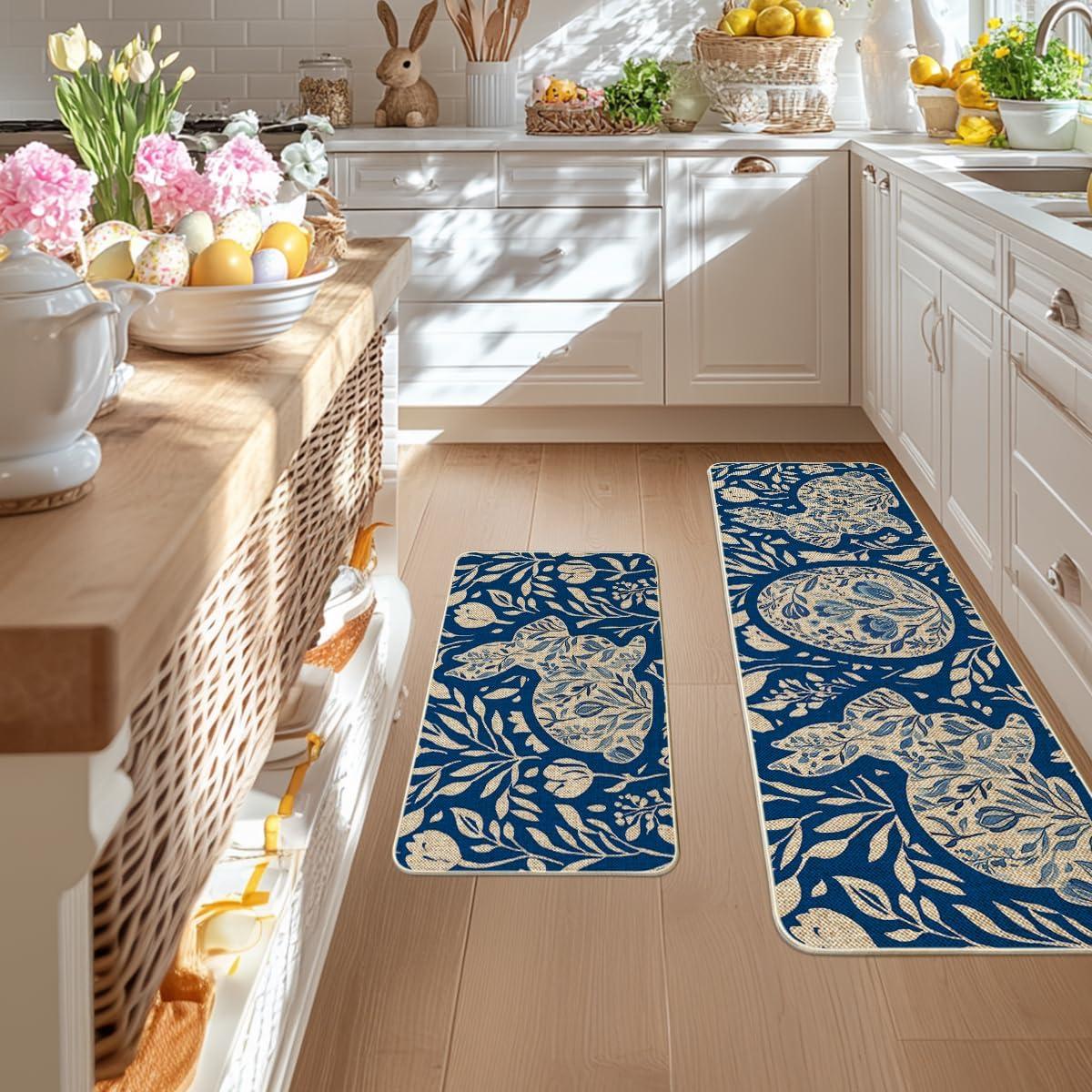 image:imageArtoid Mode Colorful Rabbit Bunny Egg Easter Kitchen Mats Set of 2 Spring Home Decor LowProfile Kitchen Rugs for Floor  17x29 and 17x47 InchBlue