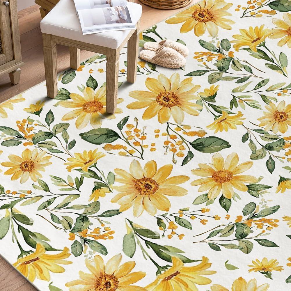 image:imageArtoid Mode Daisy Sunflower Leaves Spring Area Rug Summer Home Decor LowProfile Washable Area Rugs for Entryway Bedroom Living Room Laundry Room Indoor 5x7 FeetYellow
