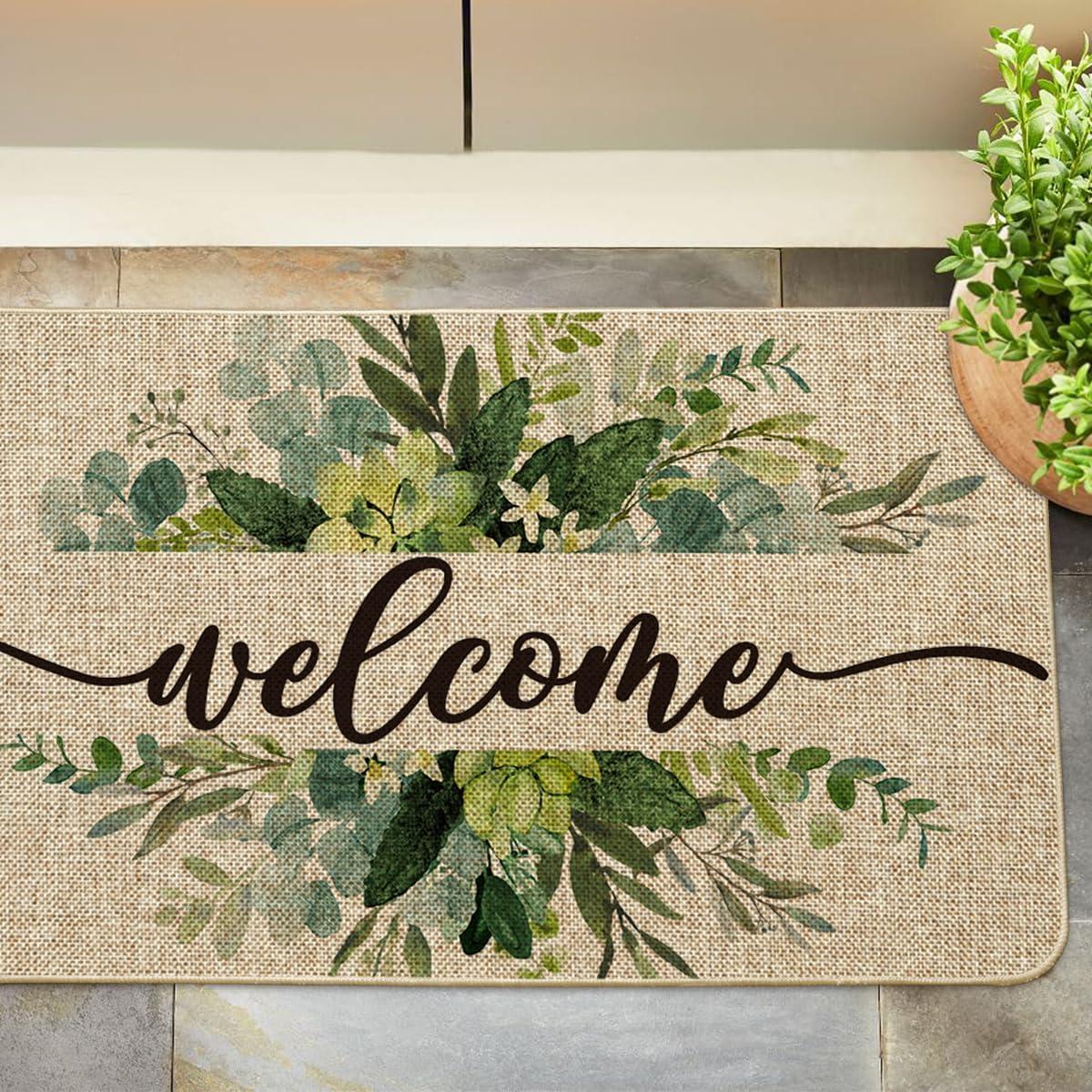 image:imageArtoid Mode Eucalyptus Floral Leaves Welcome Spring Doormat Summer Decor LowProfile Switch Rug Door Mat Floor Mat for Indoor Outdoor 17x29 InchBeige